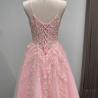 Robe de soirée rose en cristal pour fêtes, bretelles spaghetti, broderie, grande taille, coupe trapèze, longueur ras du sol, perles, appliques, dentelle