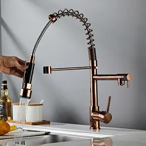 Torneira De Cobre Comercial Gourmet Hot Cold Tap Deck Montado Pull Out Spring Kitchen Sink Rose Gold Faucet