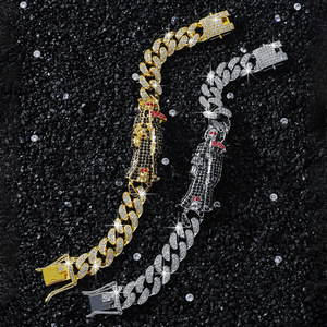 Pulsera de Cadena Cubana Chapada en Oro con Santa Muerte, Aleación con Pedrería, Religiosa, Roja de Hilo de la Pulsera, Pulsera de la Santa Muerte para Hombre - Product Image 2