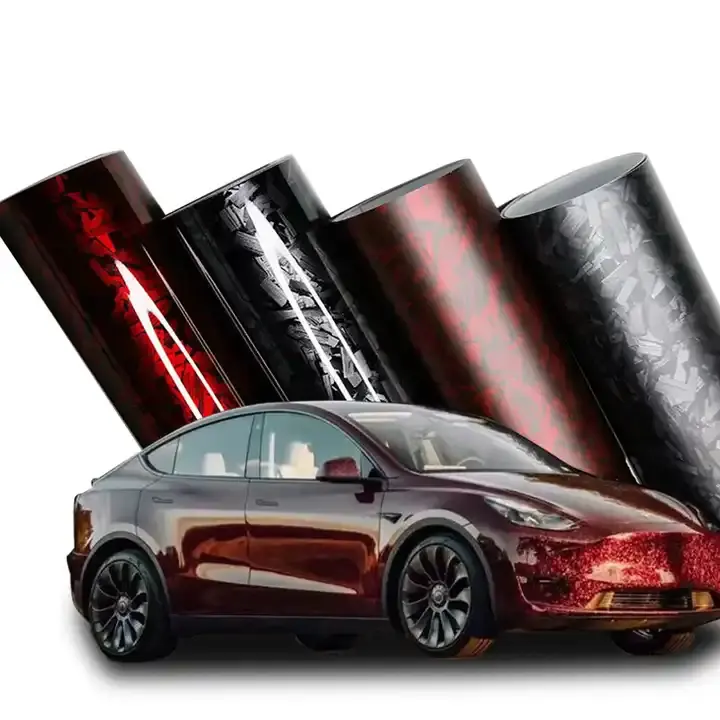 Großhandel 1,52*18M PET geschmiedete Kohle faser Vinyl Wrap 3D Textur Muster Wrapping Schwarz Rot Karosserie schützen Kohle faser Vinyl