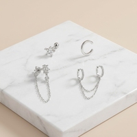 Set Anting Emas 18K Lapis Baja Tahan Karat 316L, Model Bunga, Stud CZ, Huggie Hoops dengan Rantai, Perhiasan Minimalis untuk Tindik Tulang Rawan