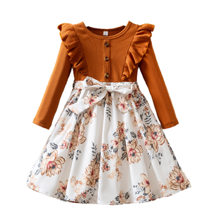 Vestido de Princesa de Tafetán con Volantes Florales, Cuello Redondo y Manga Larga para Niñas de 3 a 7 Años, Otoño 2026, en Rosa y Marrón - Product Image 4
