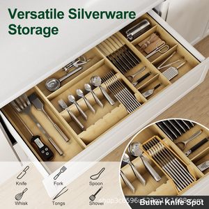 Bamboo Cutlery <b>Storage</b> <b>Box</b> Rectangular Solid Wood Drawer Divider Organizer With Compartments For <b>Kitchen</b> Tableware - Product Image 3