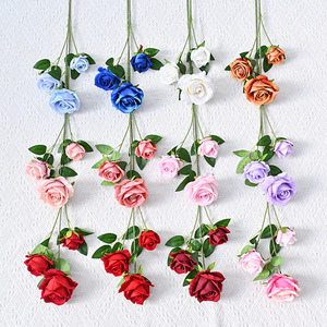 Roses artificielles en velours à 3 têtes, fleurs artificielles multi-tiges pour mariage, vase et décoration intérieure, vente en gros - Product Image 2