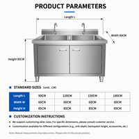Évier de cuisine mobile pour livraison, station de lavage en acier inoxydable avec base de rangement et deux robinets pour la préparation de plats à emporter