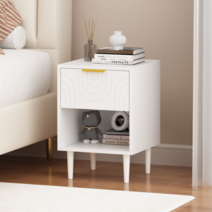 Modern White Nightstand 22.83 H One Drawer <b>Open</b> Shelf Gold Accented Handle Bedroom Decor - Product Image 5