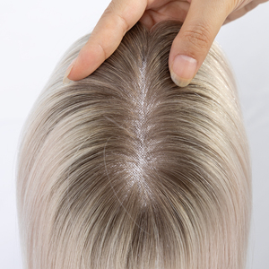 Topper de cheveux humains sur base de soie pour femmes, <span class=keywords><strong>blond</strong></span> platine, lisse, à clipser, avec racine ombrée - Product Image 2