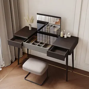 Modern Bedroom Foldable Mirror Dressing Table with Partition Storage Makeup Table Wood Dressers