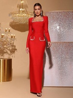 Robe longue de soirée OUDINA, mode luxe, col carré, strass, perles, paillettes, bandage, pour femmes