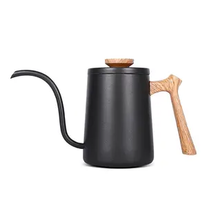 Cafetera de acero inoxidable 304, tetera de 600ml con mango largo de madera