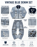 Ensembles de vestes en jean tissé boutonnées et de pantalons baggy MENGTU pour hommes, streetwear automne, qualité supérieure, bleu vintage
