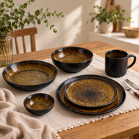 Service de table rétro européen en grès réactif ambré, style nordique, assiettes et bols en grès noir mat, réutilisables et durables