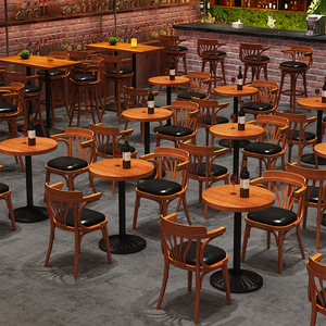 Cổ Điển Công Nghiệp Phong Cách Thanh Thiết Lập Đồ Nội Thất Da Thanh Phân Xoay Bằng Gỗ Cao Thanh Ghế Với tựa lưng Và Bàn Gỗ - Product Image 3