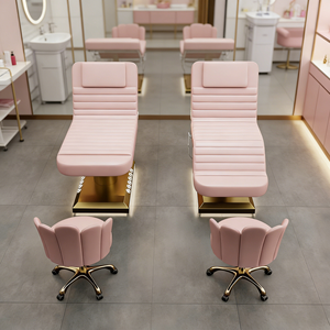 Lit d'extension électrique à trois moteurs avec base imitation bois et revêtement en velours, lit de massage, spa, soins du visage et extensions de cils, avec commande au pied et lampe LED - Product Image 3