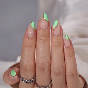 Uñas Postizas Cortas Almendradas BTArtbox, Uñas Artificiales de Gel Suave con Diseño de Línea Dorada, Uñas Postizas de Lujo con Punta Francesa Verde - Product Image 2