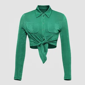 Women Blouses And Shirts Vintage Green Turn Down Collar Cover Buttons Front Pockets Tie Up Waist Sparkling Velour Crop Shirts