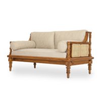 Sofá de lujo de madera de teca maciza de 2 plazas con cojines tapizados para sala de estar interior, salón o recibidor.