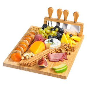 Wholesale <b>Large</b> Wood Eco Friendly Custom Logo Wooden Bamboo Charcuterie Platter and Serving Cheese Board Set With 4 Knife Set - Product Image 1