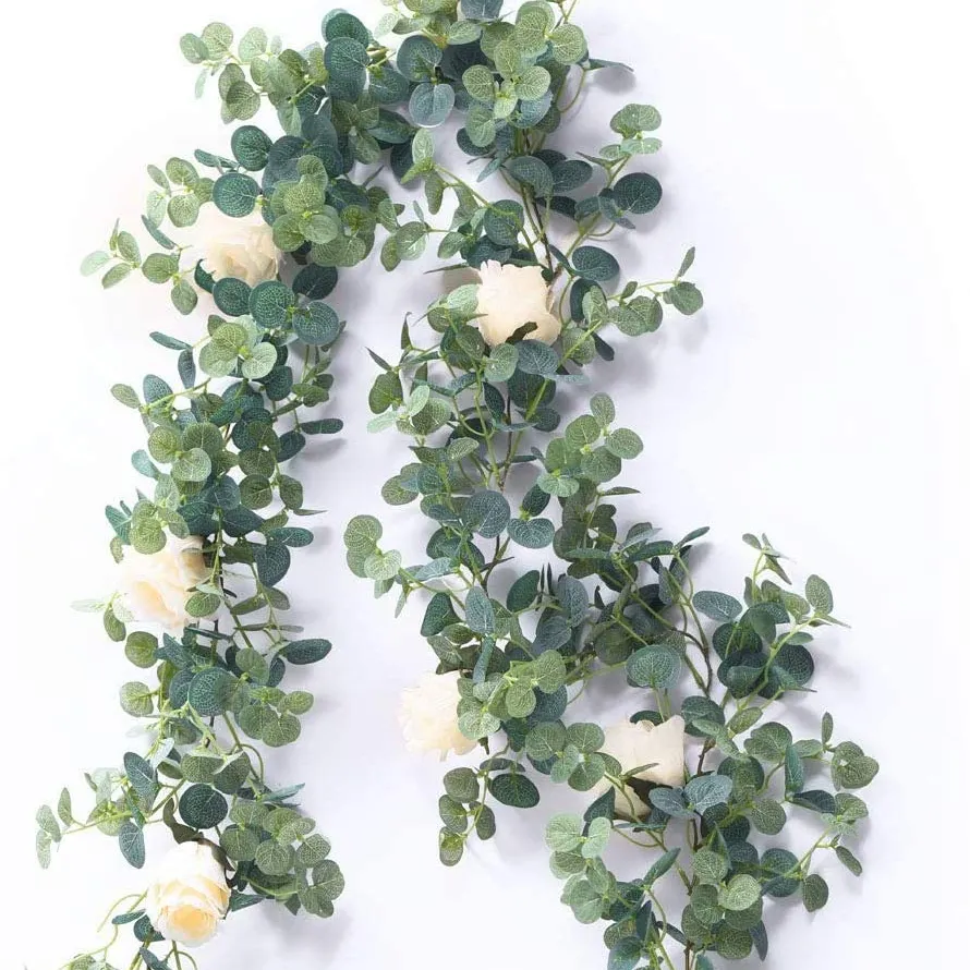 Guirlanda artificial de eucalipto, guirlanda com rosas brancas-flor guirlanda ótima para casamento parede cozinha jantar de casamento decoração