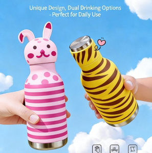 Botella de Agua Infantil de Acero Inoxidable con Aislamiento al Vacío, Diseño de Cabeza de Animal de Dibujos Animados, Doble Uso, con Pajita, Antiderrames, Logotipo Personalizable - Product Image 4
