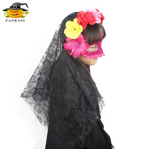 Serre-tête fantôme de mariée d'Halloween Fankasi avec voile en filet et fleurs colorées, accessoire de costume pour fête masquée - Product Image 3