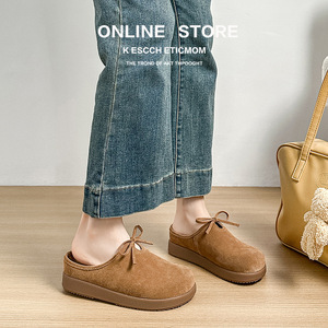Mules plates en cuir véritable à bout fermé avec nœud, chaussures d'été pour femmes, semelle souple, confortables - Product Image 1