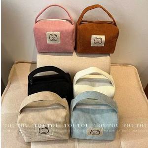 Soft Corduroy Travel <b>Makeup</b> Bag Cute Bear Patch Zipper Cosmetic Organizer with Handle for Daily Use - Product Image 4