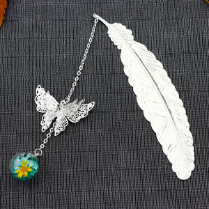 Chinese Style Butterfly Wing <span class=keywords><strong>Bookmark</strong></span> - <span class=keywords><strong>Metal</strong></span> Feather & Preservado Flower <span class=keywords><strong>Craft</strong></span>-Presente Handmade clássico para amantes do livro - Product Image 2