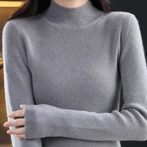 Cheap Wholesale Autumn Winter Ladies Fashionable Rib Knit Top Pullover Stand Half High Neck Sweaters For Women