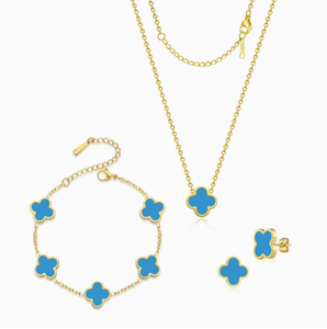 <span class=keywords><strong>Ensemble</strong></span> de bijoux en acier inoxydable : Bracelet trèfle à 5 feuilles, collier pendentif fleur à quatre feuilles de 13 mm et boucles d'oreilles - Product Image 6