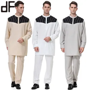 OEM Islamic New Fashion Muslim Cultural Designer Clothes For Men Two Pieces Stand Collar Two Tones Kurta Shirt With Trousers