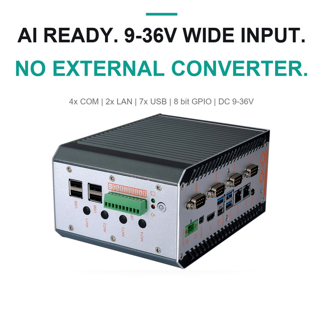 AI Ready 9-36V Wide Input Fanless Embedded Industrial Mini PC 4 COM RS232 RS422 485 With 8 Bit GPIO DIN Track, Win11 120W