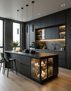 Set Completo di Mobili da Cucina in Melamina Nera Stile Europeo OPPEIN con Isola per Progetti di Villa - Product Image 4