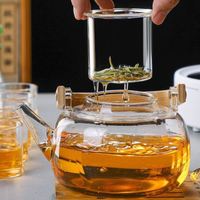 Grande théière en verre borosilicate soufflé à la main, résistante à la chaleur, transparente, personnalisée, unique, 1000 ml, avec poignée en bois