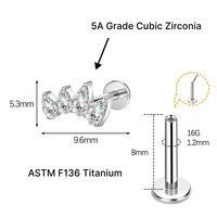 JiaXin ASTM F136 Titanio de Grado Implante, Labret Sin Rosca con Parte Trasera Plana, para Labio, Hélice, Concha, con Incrustación de Zirconia en Forma de Corazón, Joyería para Piercing 16G