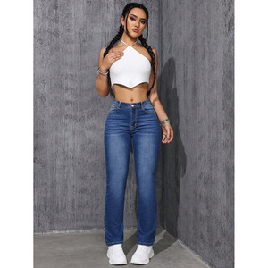 Plus Size Women's Dark Blue High <b>Elasticity</b> Straight Leg <b>Jeans</b> Japanese Korean Leisure Style Crouching <b>Waist</b> Trousers - Product Image 2