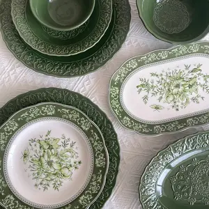 法国复古绿光奢华餐具唯美流行玉盘陶瓷盘套装
