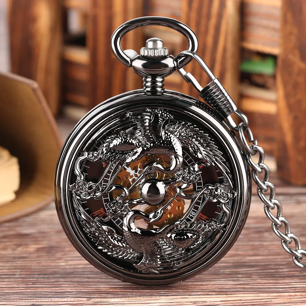 Black Hollow Double Crane Steampunk Roman Numerals Display Pendant Chain Clock Gift Unisex Hand Winding Mechanical Pocket Watch