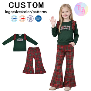 RTS Christmas Embroidery Merry Kids <b>Girls</b> Shirt Top Flared Pants Pants 2-Piece Outfits Wholesale <b>Girl's</b> <b>Clothing</b> <b>Sets</b> - Product Image 1