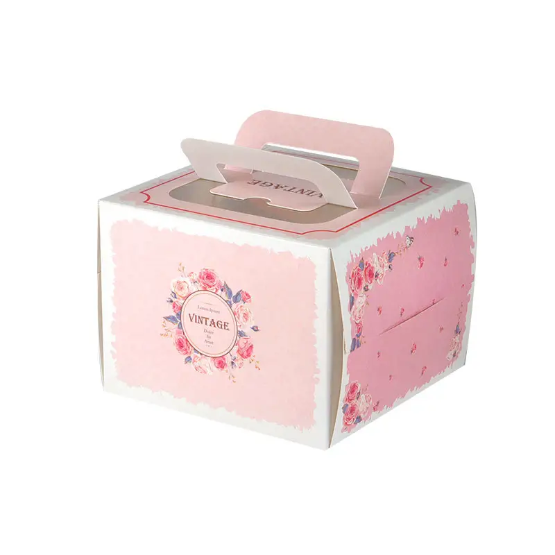Wholesale printed cardboard paper box cake food packaging box with handle