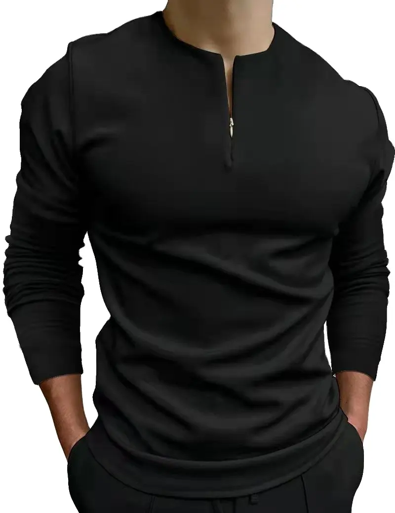 2022 Herren Casual Polyester Polo Shirts ohne Kragen Langarm Reiß verschluss Design Tops Herren Streetwear Herrenmode