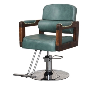 Modern Hydraulic Barber <b>Chair</b> With Wooden Armrest - Stylish Salon Styling <b>Chair</b> With Comfortable <b>Green</b> Leather Cushion - Product Image 5