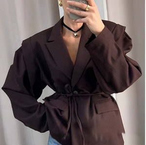 새로운 가을 겨울 핫세일 패션 허리 조절 슬리밍 더블 버튼 타이 웨이스트 루즈핏 다용도 V넥 블레이저 - Product Image 3
