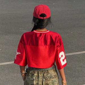 Ropa de práctica de animación personalizada, ropa de calle de gran tamaño con estampado de cuello en V, malla en blanco, Jersey Retro de fútbol americano, Top corto para mujer - Product Image 3