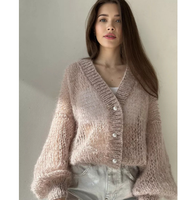 Cardigan ample et luxueux en mohair d'alpaga duveteux à col en V, léger et fin pour le printemps, pour femme, en acrylique, coupe ajustée, épaules dénudées