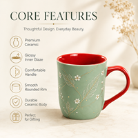 Tasse à café en céramique personnalisée vert sauge marbré avec motif floral doré, intérieur rouge, en porcelaine, pour la maison, le bureau ou comme cadeau