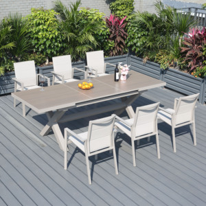 Ensemble <span class=keywords><strong>de</strong></span> salle à manger <span class=keywords><strong>de</strong></span> patio 8 places <span class=keywords><strong>en</strong></span> <span class=keywords><strong>aluminium</strong></span> <span class=keywords><strong>de</strong></span> style moderne avec finition <span class=keywords><strong>bois</strong></span>, durable, pliable, <span class=keywords><strong>en</strong></span> corde tressée, pour hôtel, usage extérieur, garantie 5 ans - Product Image 1