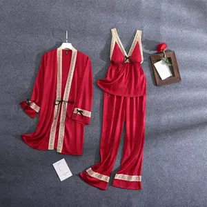 Conjunto de pijamas de renda feminino, pijamas confortáveis de tecido de seda cetim com 3 peças