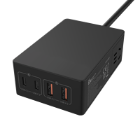 Bluetimes Strip daya Desktop, stasiun pengisian daya ramping ringan 6 dalam 1 65W dengan dua port Tipe C dan dua port USB-A