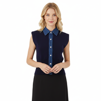 Top de punto sin mangas para mujer con MOQ bajo, diseño de manga corta y cuello polo de mezclilla con botones, prendas de punto para mujer